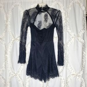 LF Rumor Boutique Black Lace High Neck Romper Size XS